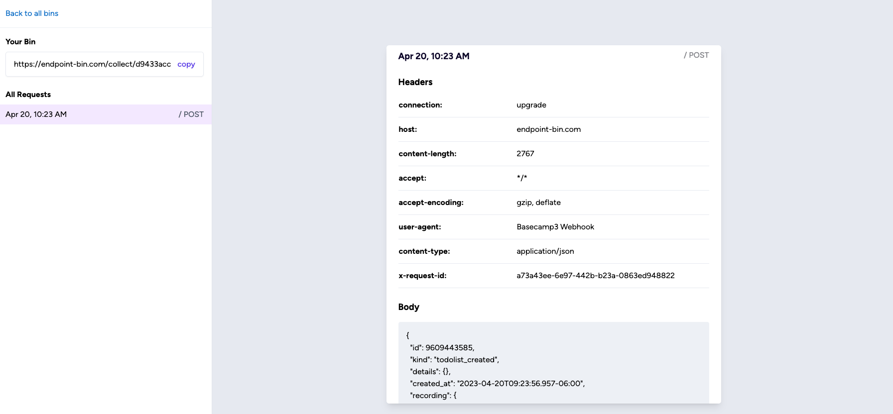 Image of inspecting webhook request with Endpoint Bin tool