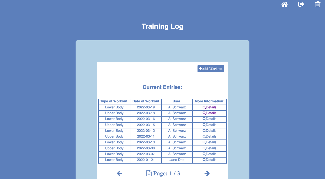 Image of workout entries tracked using training log tool